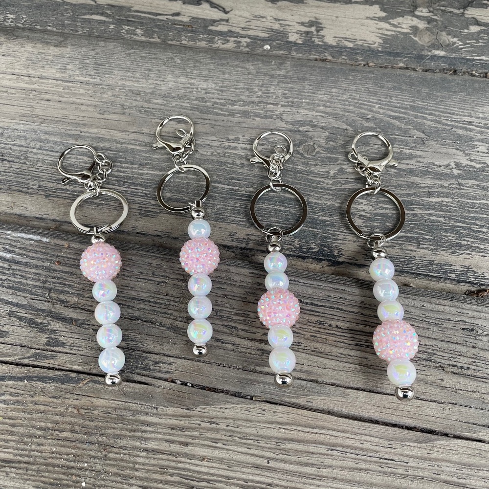 Handcrafted Beaded Stick Keychain--Pink & White Sparkly
